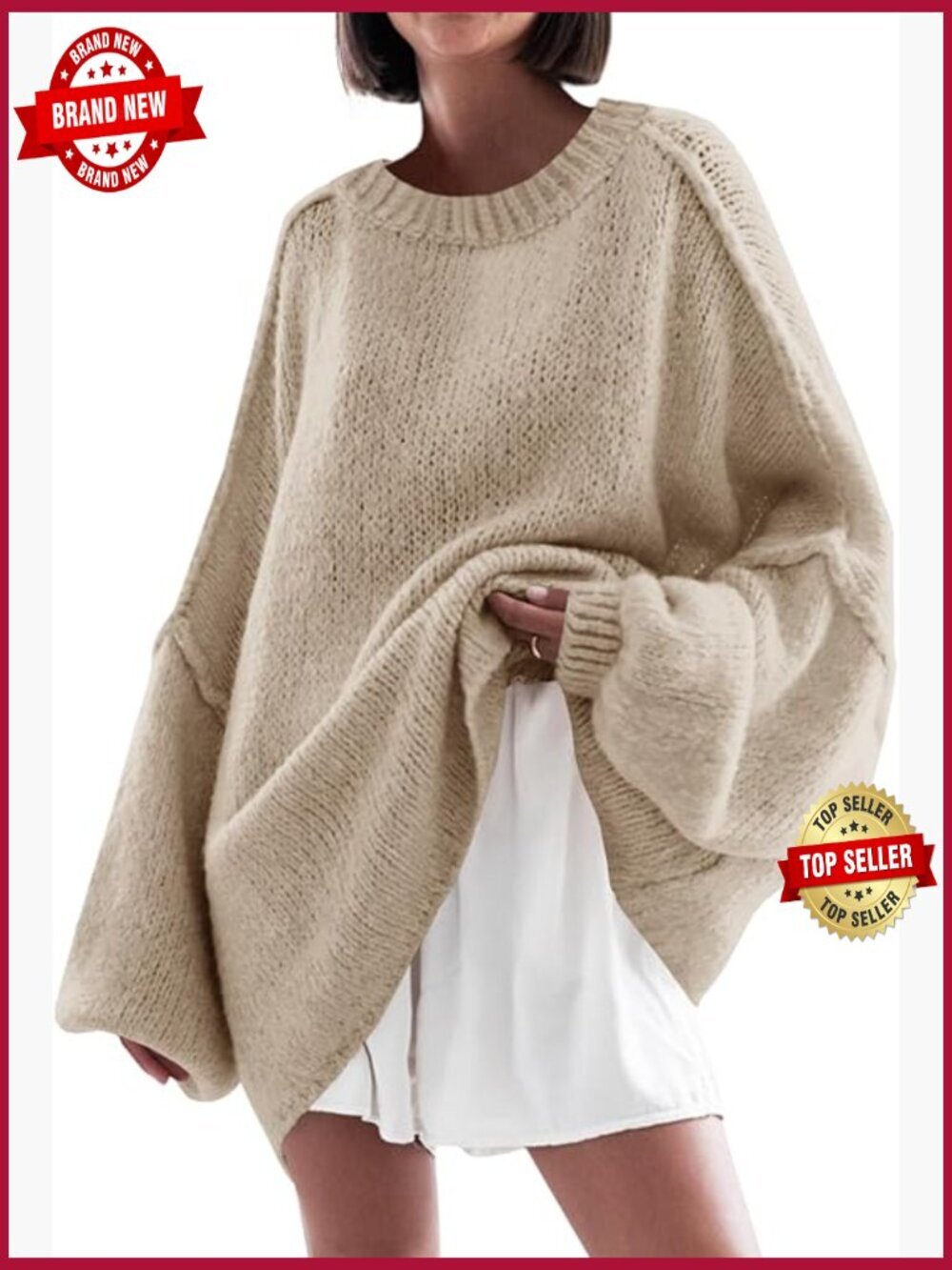 Chunky Oversized Crew Neck Long Lantern Sleeve Knit Tunic Pullover Sweater